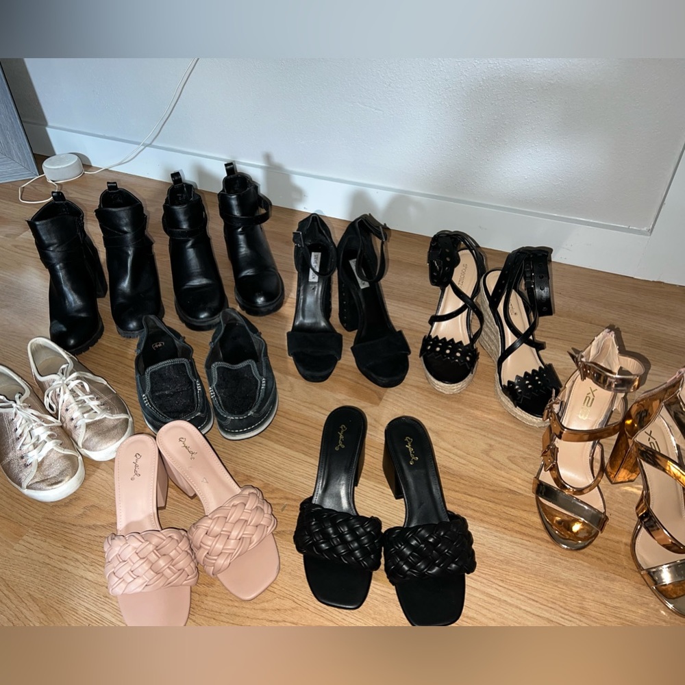 Boots, heels, slip on ariats and pink keds